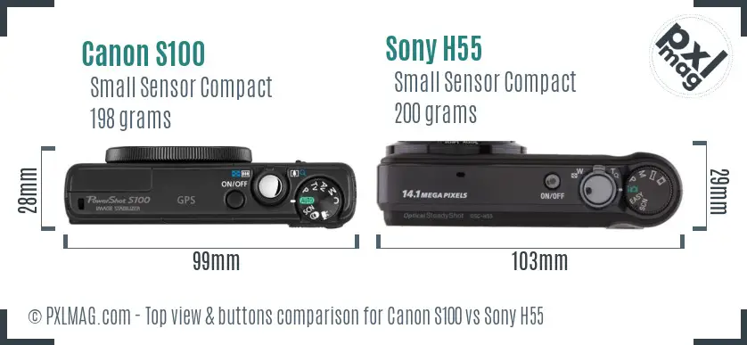Canon S100 vs Sony H55 top view buttons comparison