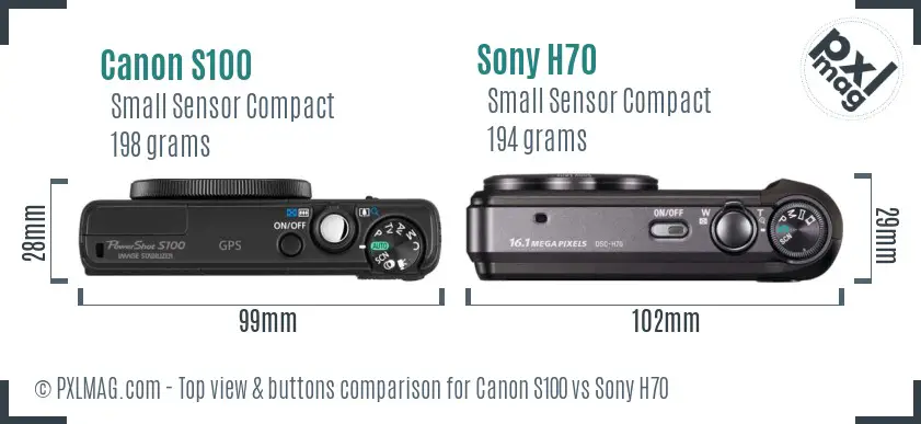 Canon S100 vs Sony H70 top view buttons comparison