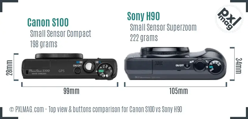 Canon S100 vs Sony H90 top view buttons comparison