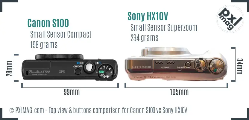Canon S100 vs Sony HX10V top view buttons comparison