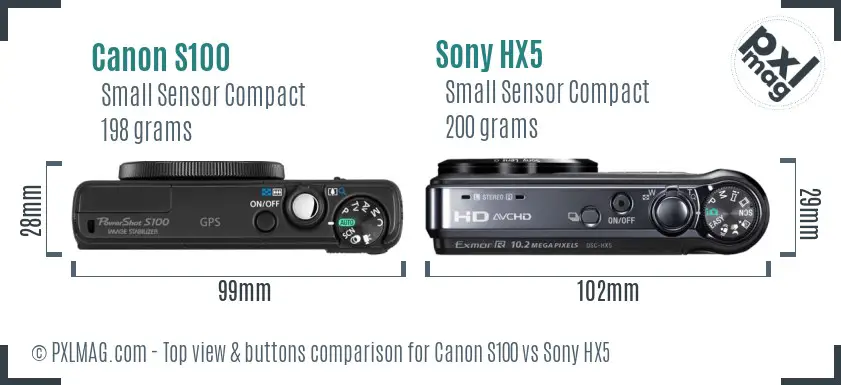 Canon S100 vs Sony HX5 top view buttons comparison