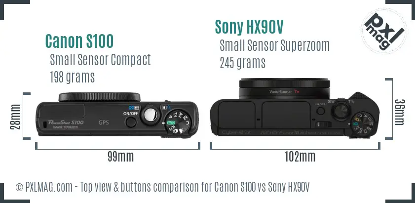 Canon S100 vs Sony HX90V top view buttons comparison Canon S100 vs Sony HX90V top view buttons comparison