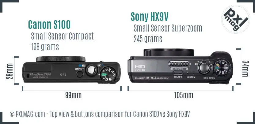 Canon S100 vs Sony HX9V top view buttons comparison