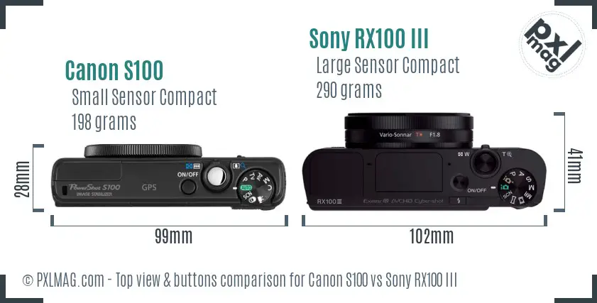 Canon S100 vs Sony RX100 III top view buttons comparison Canon S100 vs Sony RX100 III top view buttons comparison