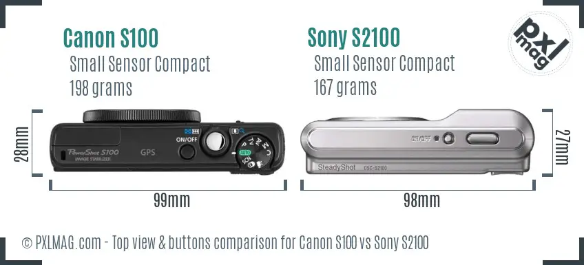 Canon S100 vs Sony S2100 top view buttons comparison