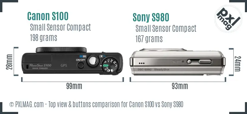 Canon S100 vs Sony S980 top view buttons comparison