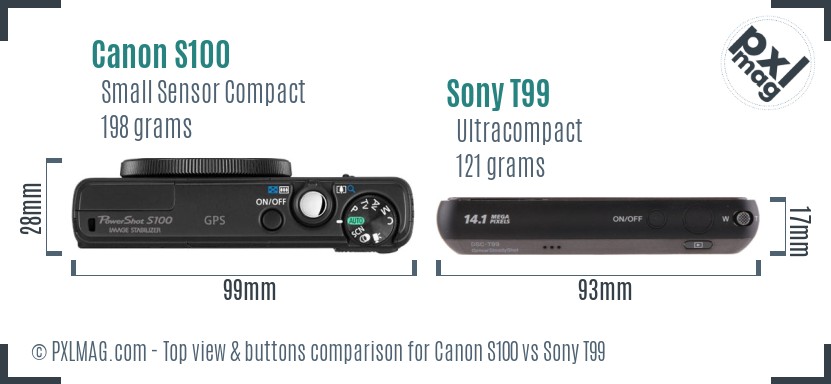 Canon S100 vs Sony T99 top view buttons comparison