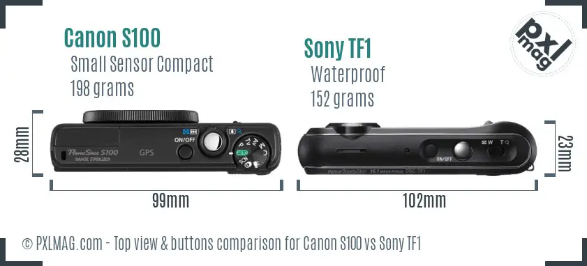 Canon S100 vs Sony TF1 top view buttons comparison