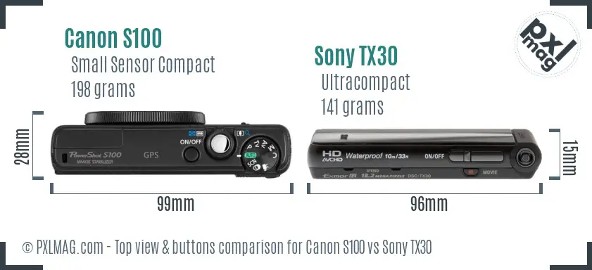 Canon S100 vs Sony TX30 top view buttons comparison