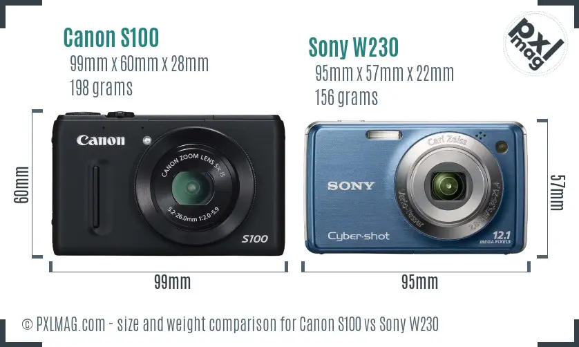 Canon S100 vs Sony W230 size comparison