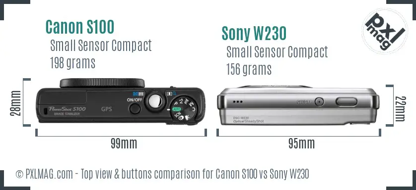 Canon S100 vs Sony W230 top view buttons comparison