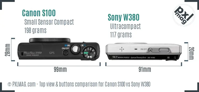 Canon S100 vs Sony W380 top view buttons comparison Canon S100 vs Sony W380 top view buttons comparison