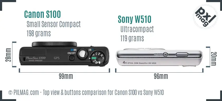 Canon S100 vs Sony W510 top view buttons comparison Canon S100 vs Sony W510 top view buttons comparison