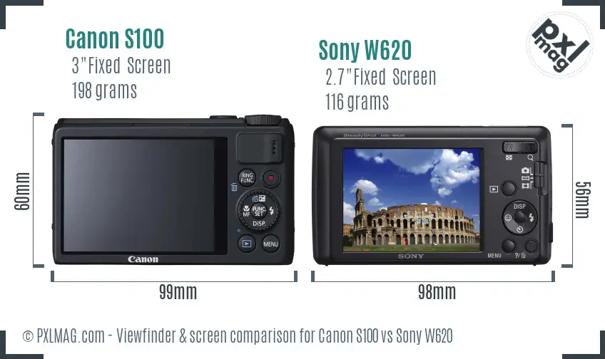 Canon S100 vs Sony W620 Screen and Viewfinder comparison