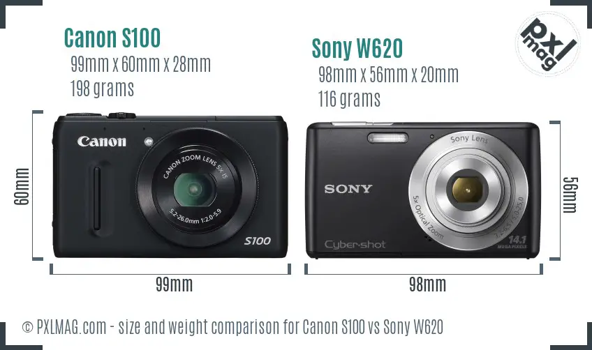 Canon S100 vs Sony W620 size comparison