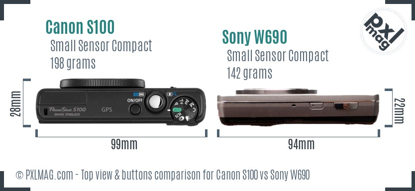 Canon S100 vs Sony W690 top view buttons comparison