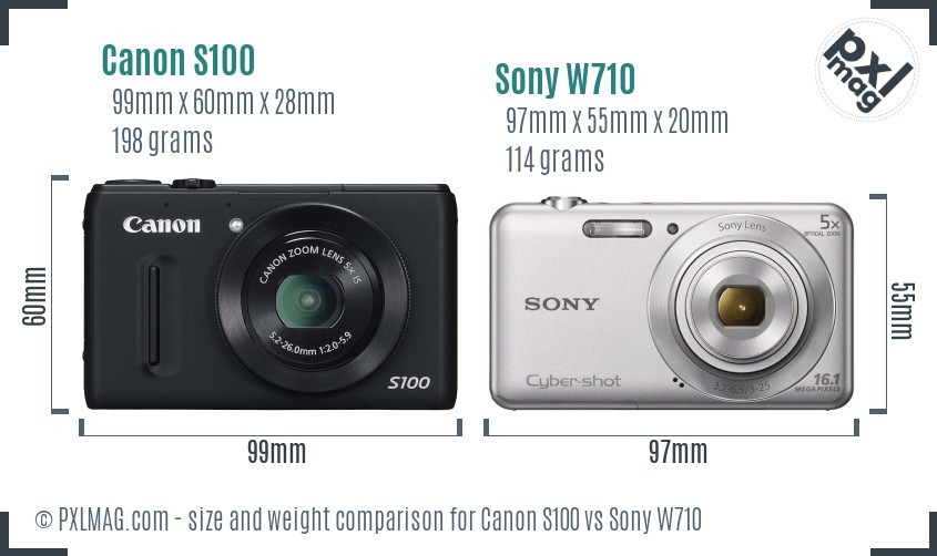 Canon S100 vs Sony W710 size comparison