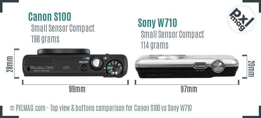 Canon S100 vs Sony W710 top view buttons comparison
