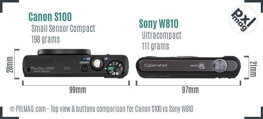 Canon S100 vs Sony W810 top view buttons comparison