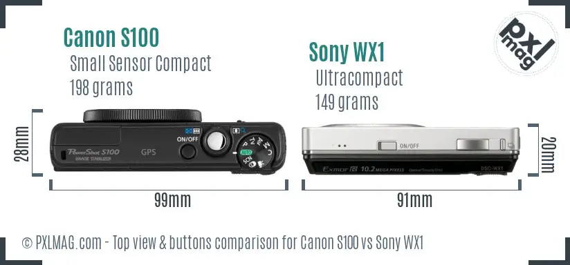 Canon S100 vs Sony WX1 top view buttons comparison