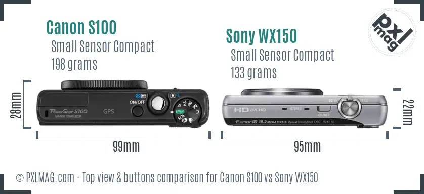 Canon S100 vs Sony WX150 top view buttons comparison