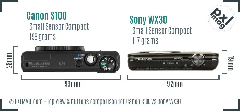 Canon S100 vs Sony WX30 top view buttons comparison
