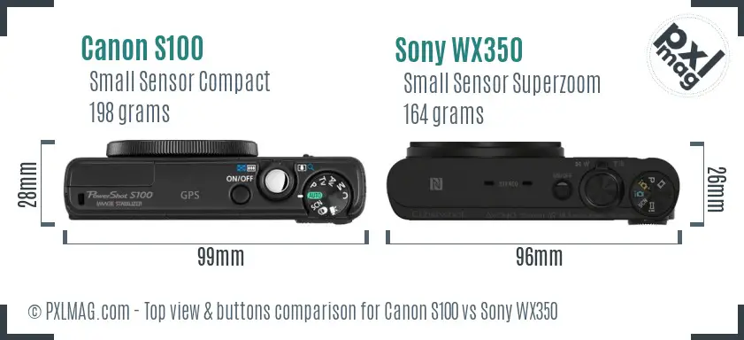 Canon S100 vs Sony WX350 top view buttons comparison