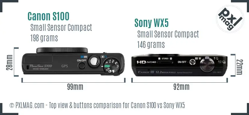 Canon S100 vs Sony WX5 top view buttons comparison