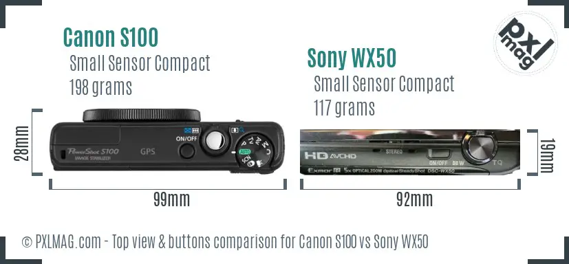 Canon S100 vs Sony WX50 top view buttons comparison