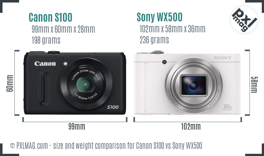 Canon S100 vs Sony WX500 size comparison Canon S100 vs Sony WX500 size comparison