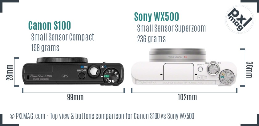 Canon S100 vs Sony WX500 top view buttons comparison