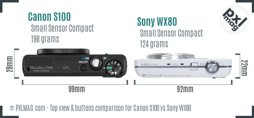 Canon S100 vs Sony WX80 top view buttons comparison