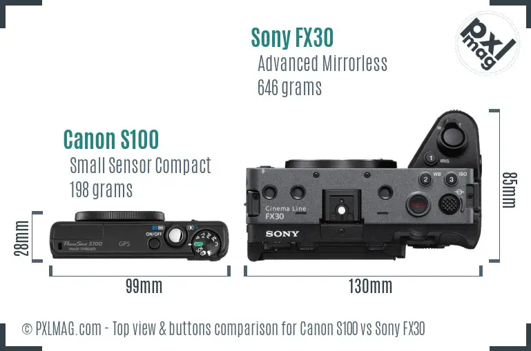 Canon S100 vs Sony FX30 top view buttons comparison Canon S100 vs Sony FX30 top view buttons comparison