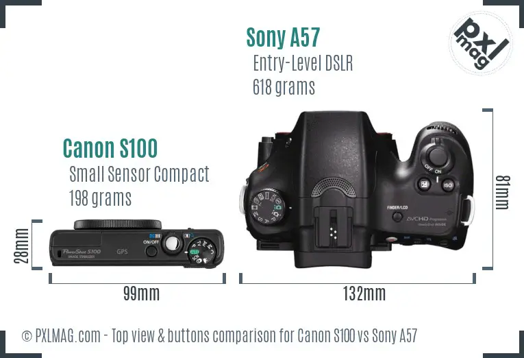 Canon S100 vs Sony A57 top view buttons comparison