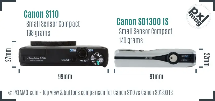 Canon S110 vs Canon SD1300 IS top view buttons comparison Canon S110 vs Canon SD1300 IS top view buttons comparison