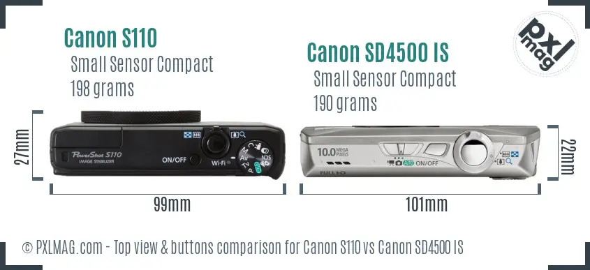 Canon S110 vs Canon SD4500 IS top view buttons comparison
