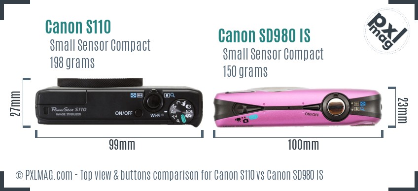 Canon S110 vs Canon SD980 IS top view buttons comparison