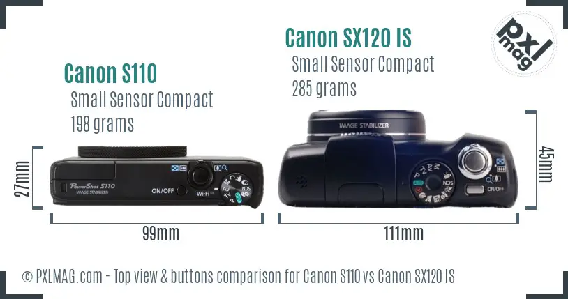 Canon S110 vs Canon SX120 IS top view buttons comparison