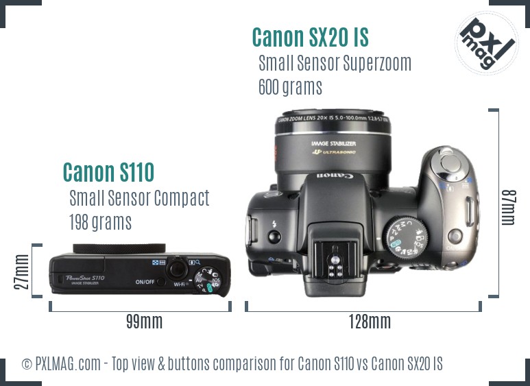 Canon S110 vs Canon SX20 IS top view buttons comparison