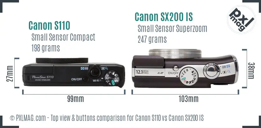 Canon S110 vs Canon SX200 IS top view buttons comparison