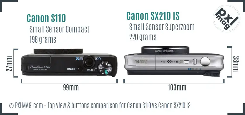 Canon S110 vs Canon SX210 IS top view buttons comparison