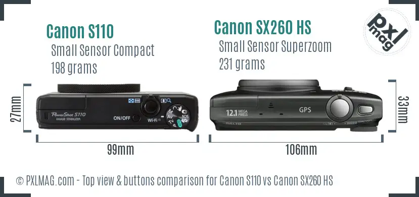 Canon S110 vs Canon SX260 HS top view buttons comparison