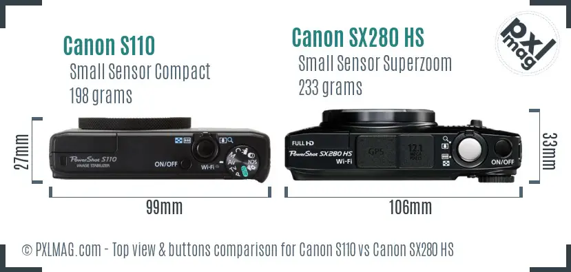 Canon S110 vs Canon SX280 HS top view buttons comparison