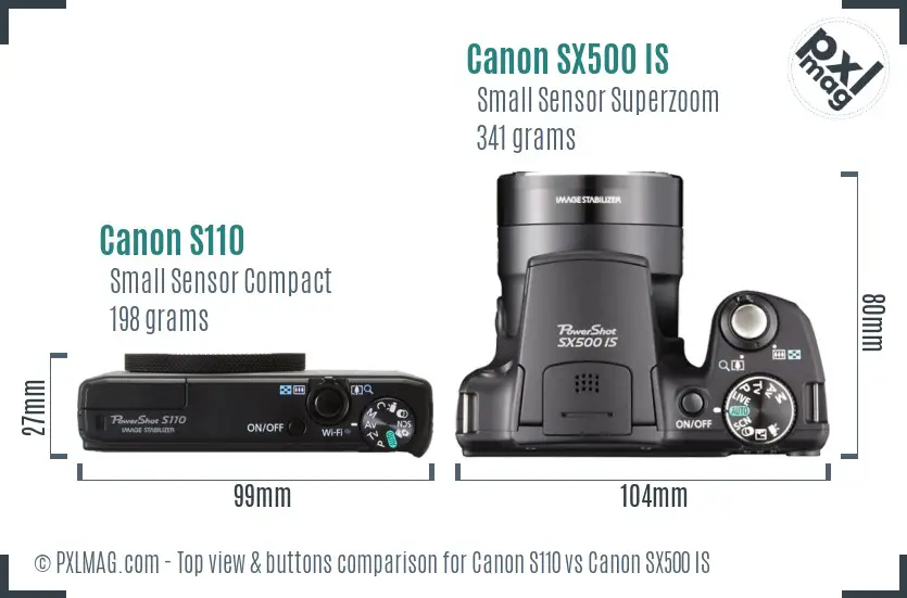 Canon S110 vs Canon SX500 IS top view buttons comparison