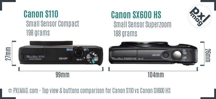 Canon S110 vs Canon SX600 HS top view buttons comparison