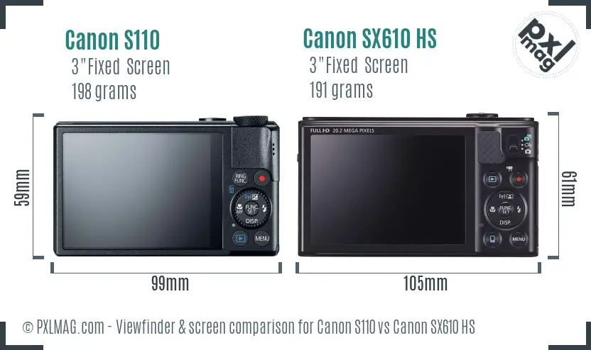 Canon S110 vs Canon SX610 HS Screen and Viewfinder comparison