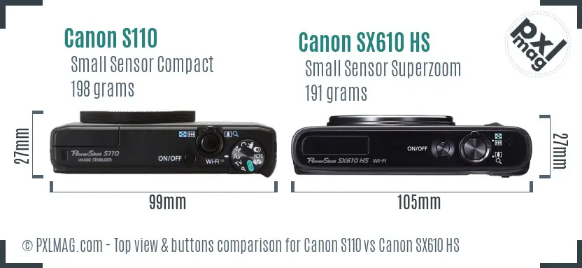 Canon S110 vs Canon SX610 HS top view buttons comparison