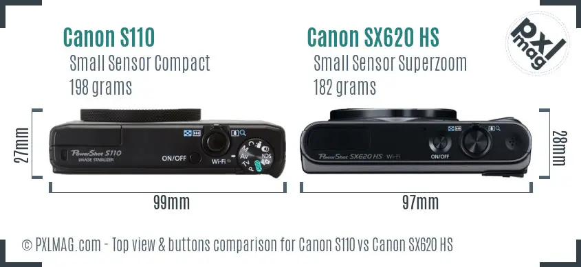 Canon S110 vs Canon SX620 HS top view buttons comparison