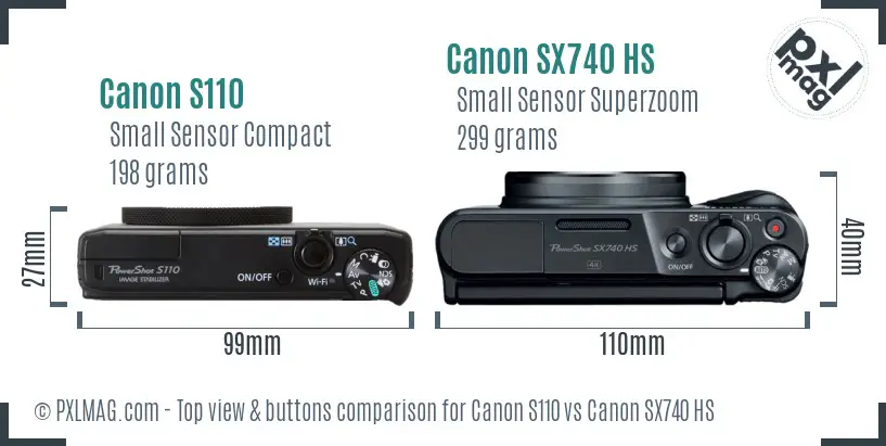 Canon S110 vs Canon SX740 HS top view buttons comparison Canon S110 vs Canon SX740 HS top view buttons comparison