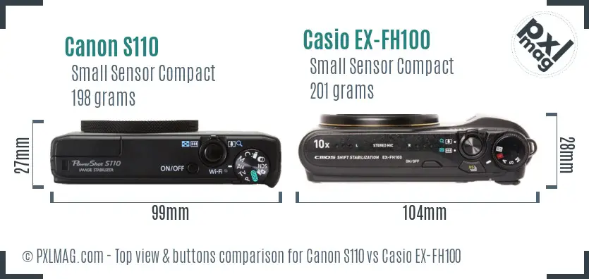 Canon S110 vs Casio EX-FH100 top view buttons comparison